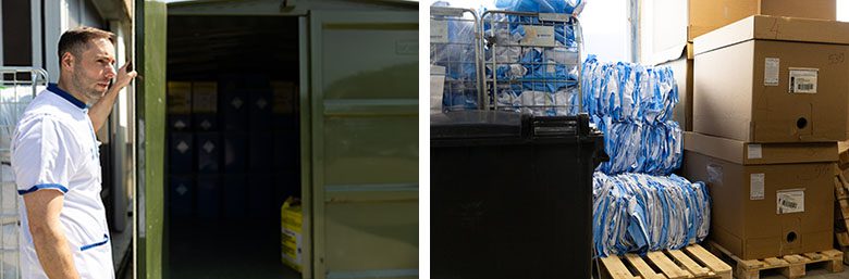 Afval wordt nauwkeurig gescheiden; elke dag worden containers opgehaald voor recycling